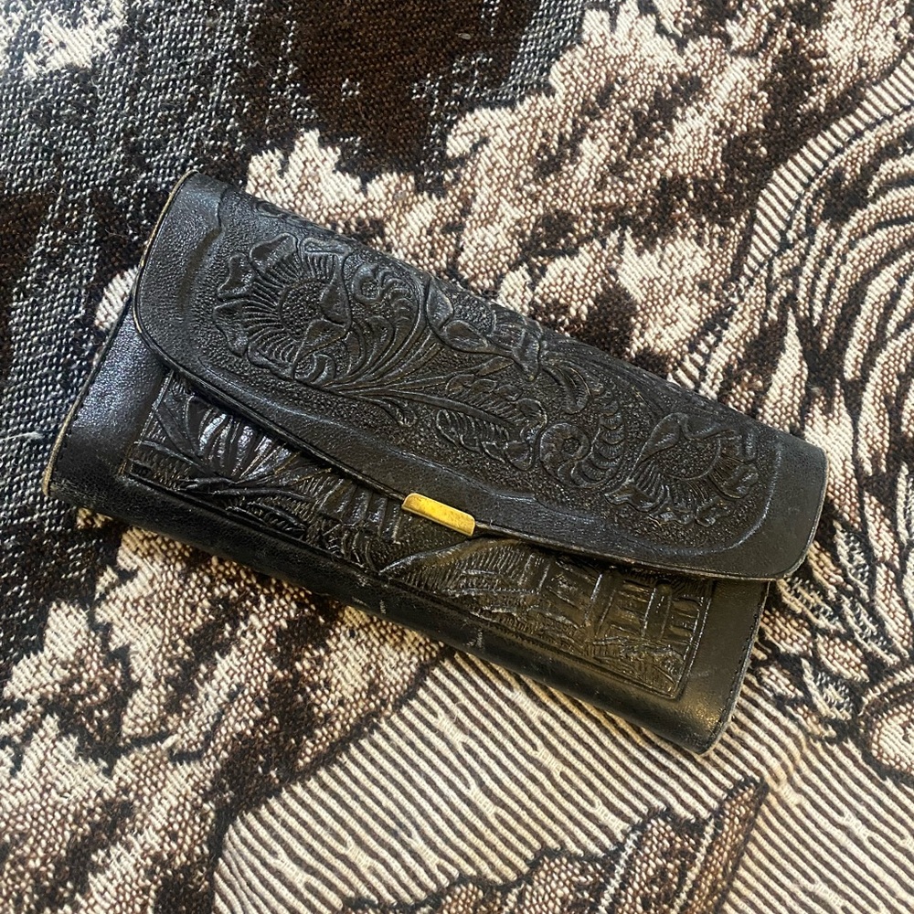 Black Embossed Leather Wallet Clutch